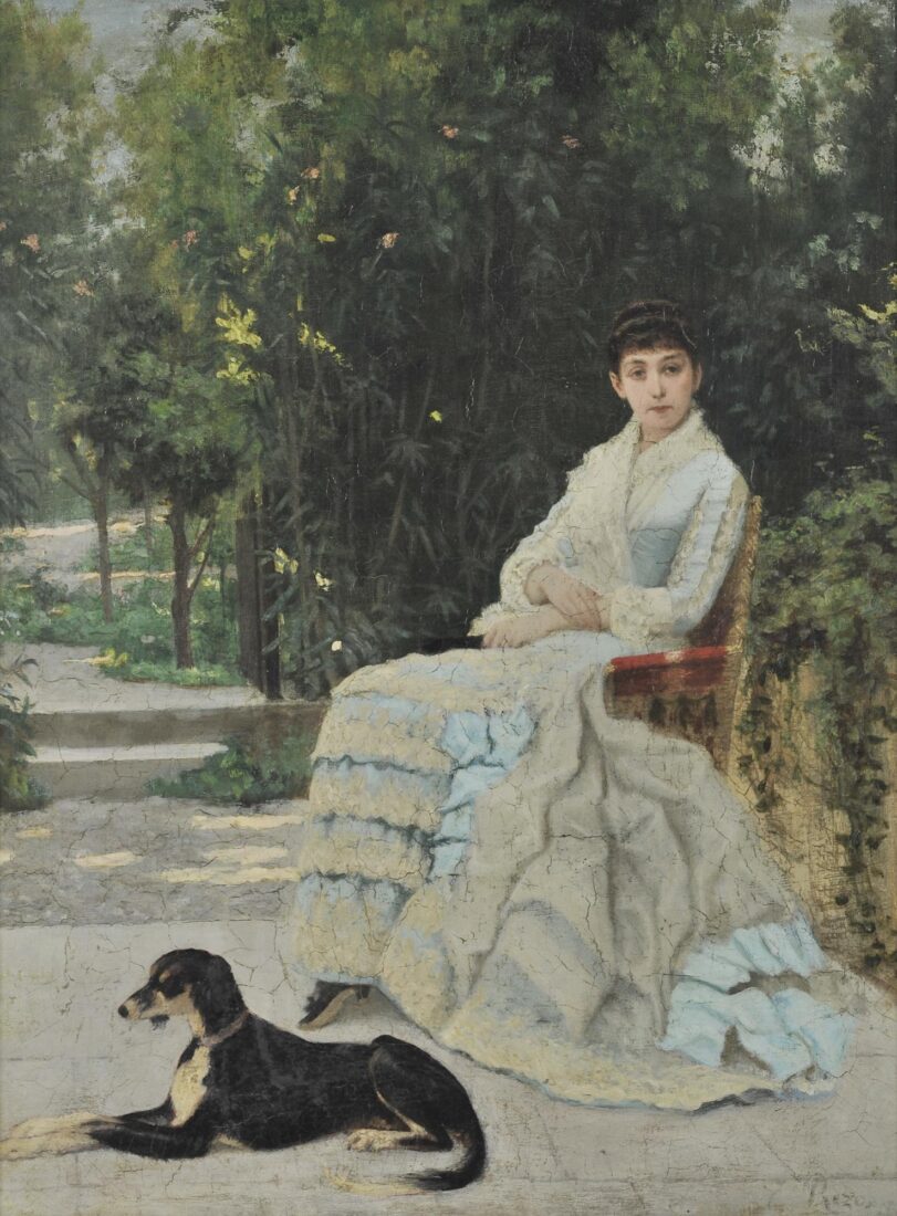 Lady in Garden with her Dog