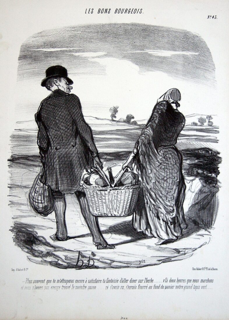 “- I will never satisfy your desire to dine on the grass again…. we have been trying to find a piece of lawn to sit on for two hours…… had I known what it was going to be like, I would have squeezed our green carpet into this basket…..” - Daumier Honore