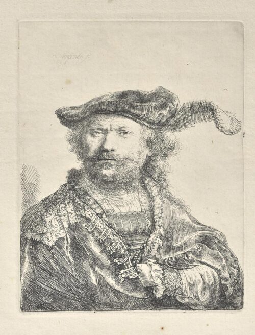 Self Portrait in velvet cup with plume - Rembrandt Harmensz. van Rijn