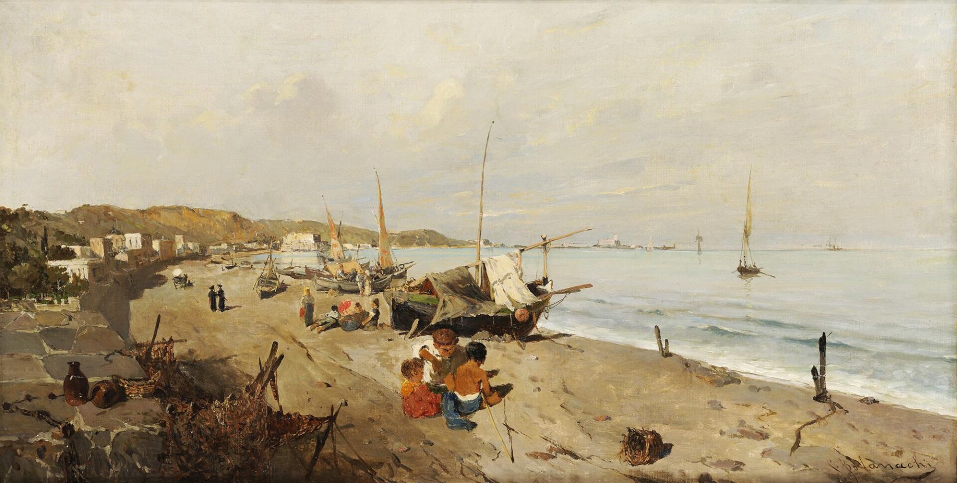 Boats and Children on the Beach - Volanakis Κonstantinos