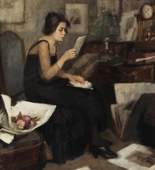 Κυρία διαβάζει γράμμα (που συνόδευε ανθοδέσμη) - Σαββίδης Συμεών