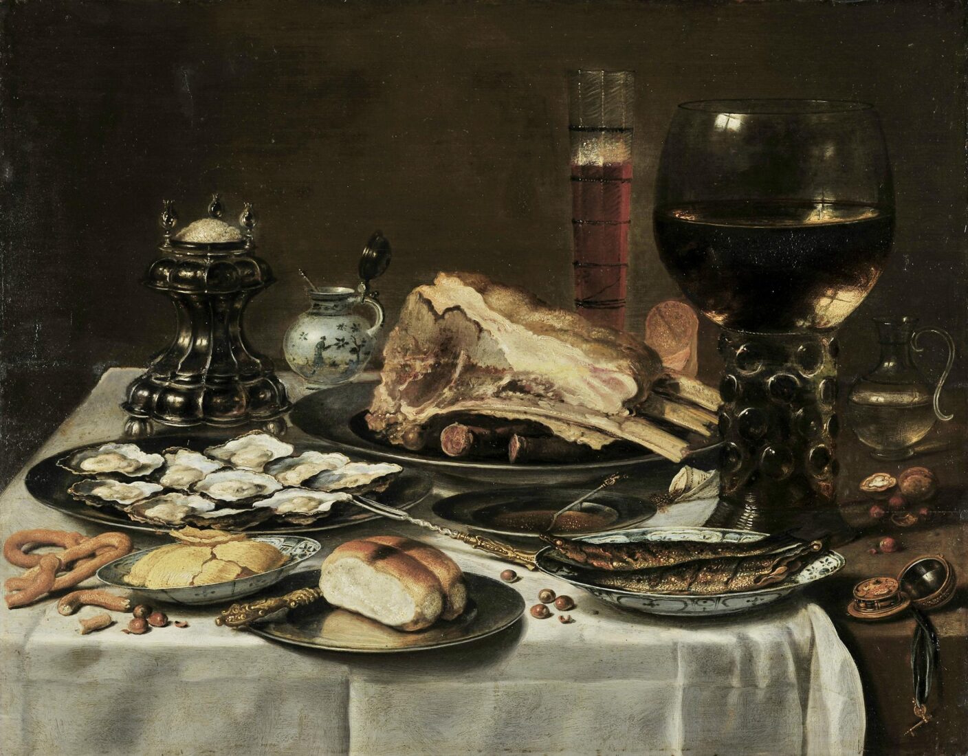 Επιτραπέζιο με κρέας, στρείδια, ρέγκες καπνιστές, ποτήρι με κρασί και ποτήρι με μπύρα - Heda Willem Claesz