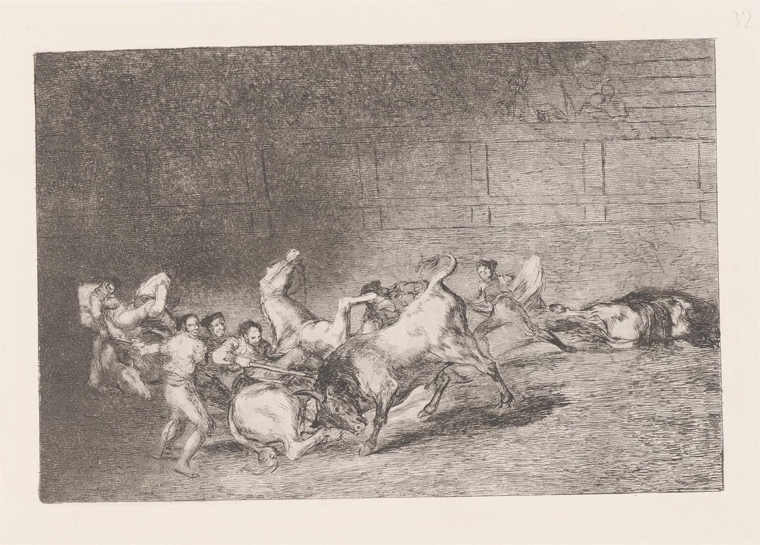 Two teams of picadors thrown one after the other by a single bull. (Dos grupos de picadores arrollados de seguida por un solo toro) - Goya y Lucientes Francisco