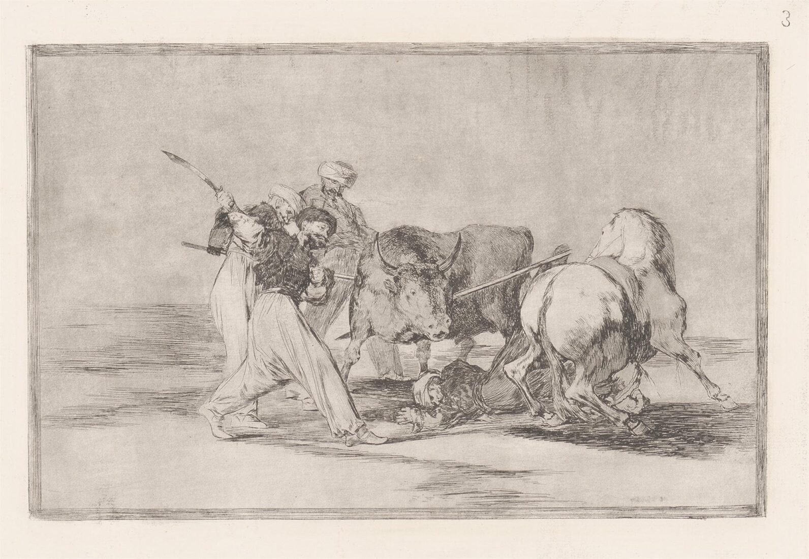 Οι Μαυριτανοί που εγκαταστάθηκαν στην Ισπανία, εγκαταλείποντας τις προλήψεις του Κορανίου τους, υιοθέτησαν αυτόν τον τρόπο κυνηγιού και σκοτώνουν με ακόντια έναν ταύρο στους κάμπους - Goya y Lucientes Francisco