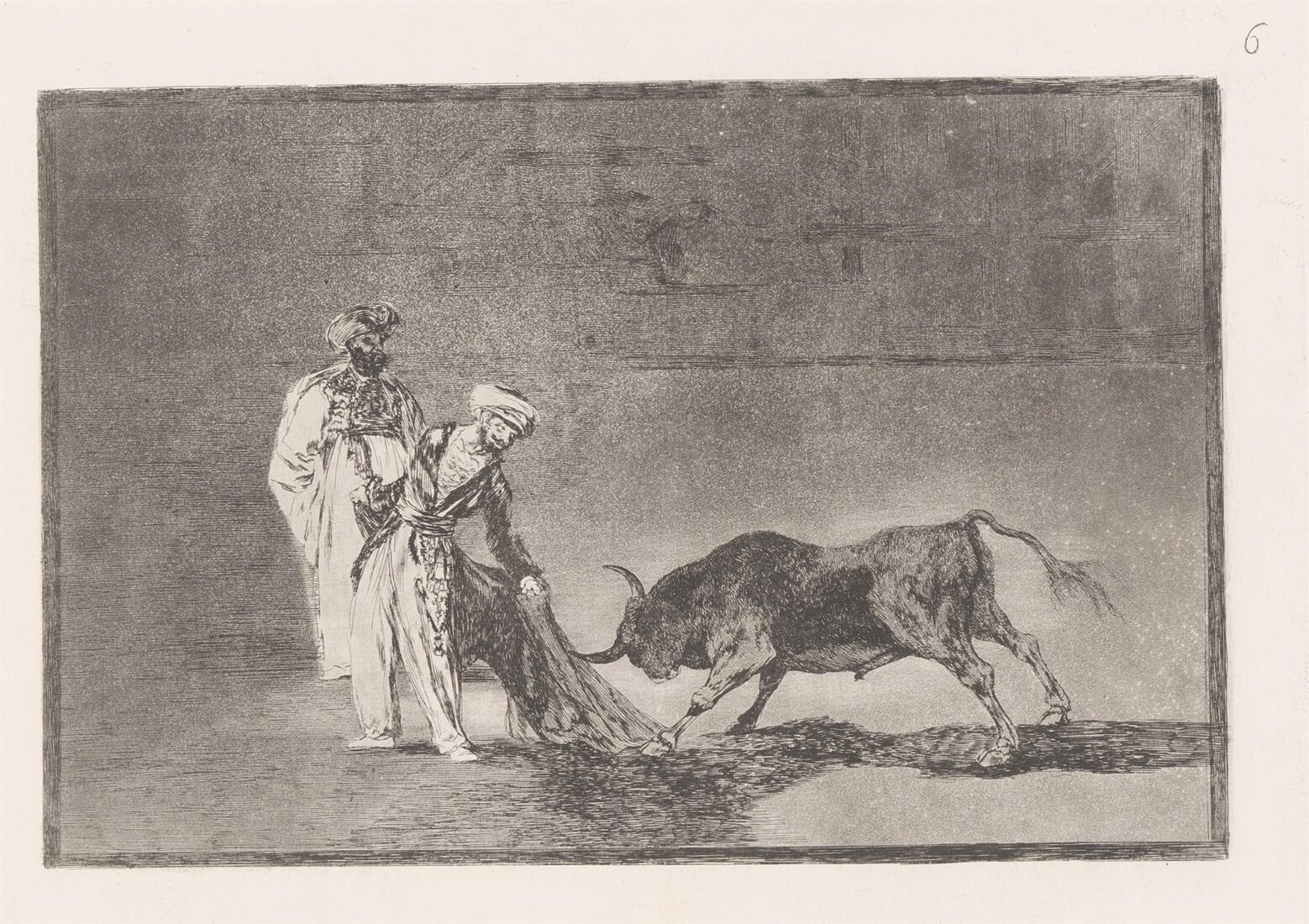 The Moors making a different play in the ring calling the bull with their burnous-capes. (Los moros hacen otro capeo en plaza con su albornoz) - Goya y Lucientes Francisco
