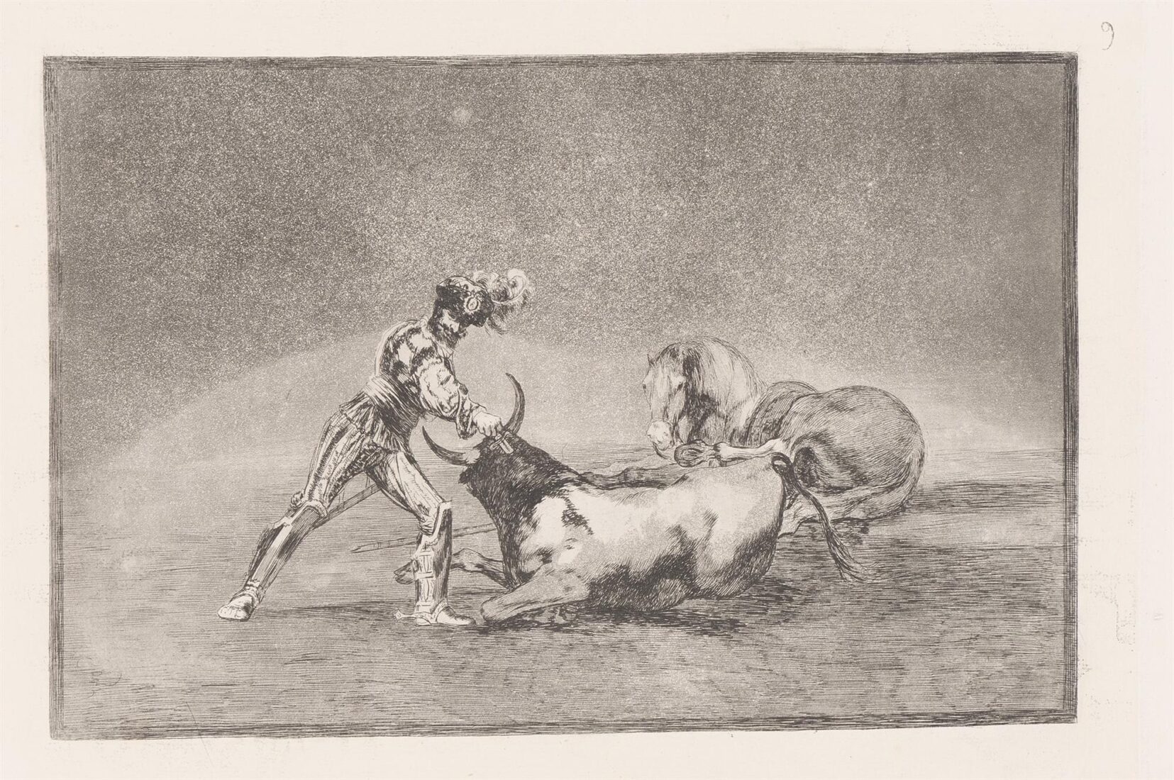 A Spanish knight kill the bull after having lost his horse. (Un caballero espanol mata un toro despues de haber perdido el caballo) - Goya y Lucientes Francisco