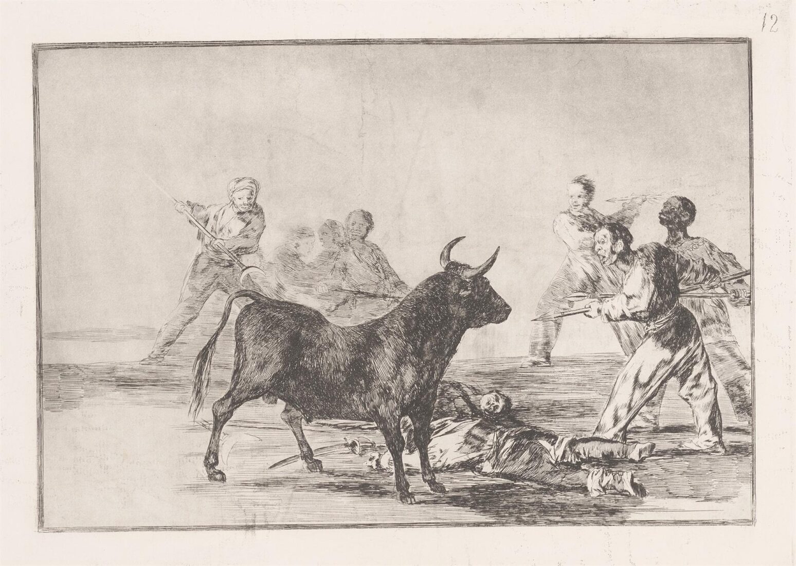 The rabble hamstriking the bull with lances, sickles and other arms. (Desjarrete de la canalla con lanzas, medias-lunas, banderillas y otras armas) - Goya y Lucientes Francisco
