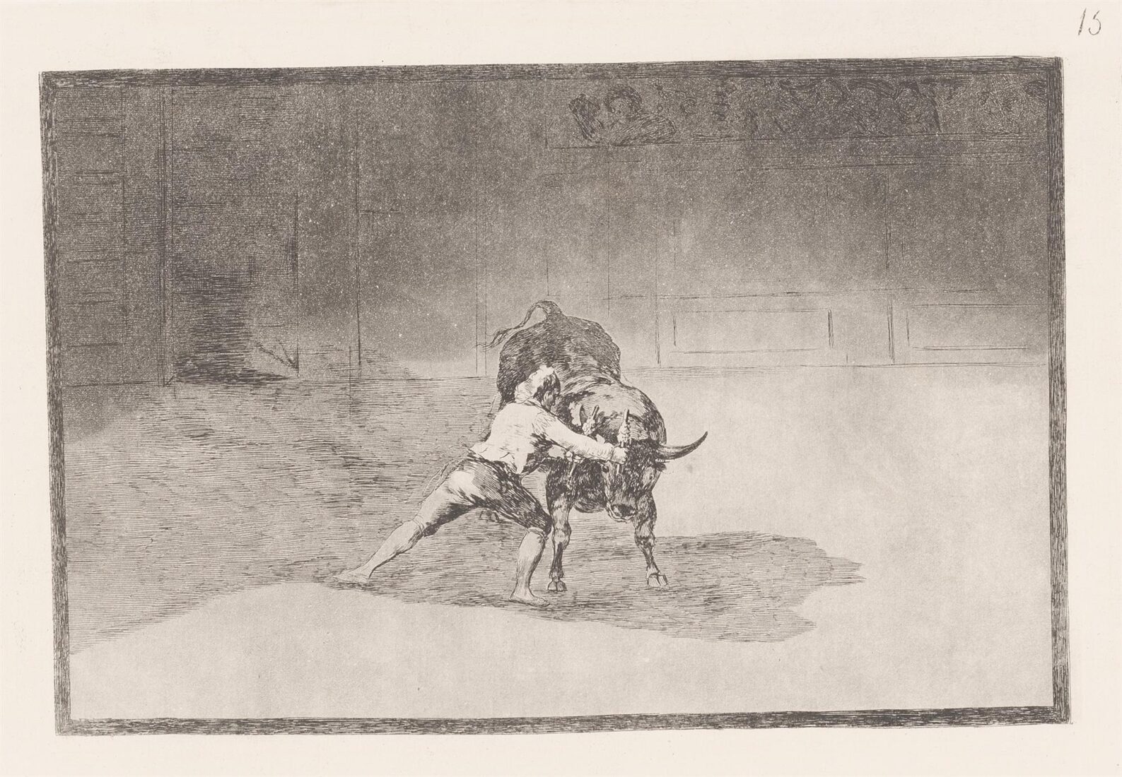 The famous Martincho places the banderillas playing the bull with the movement of his body. (El famoso Martincho poniendo banderillas al quiebro) - Goya y Lucientes Francisco
