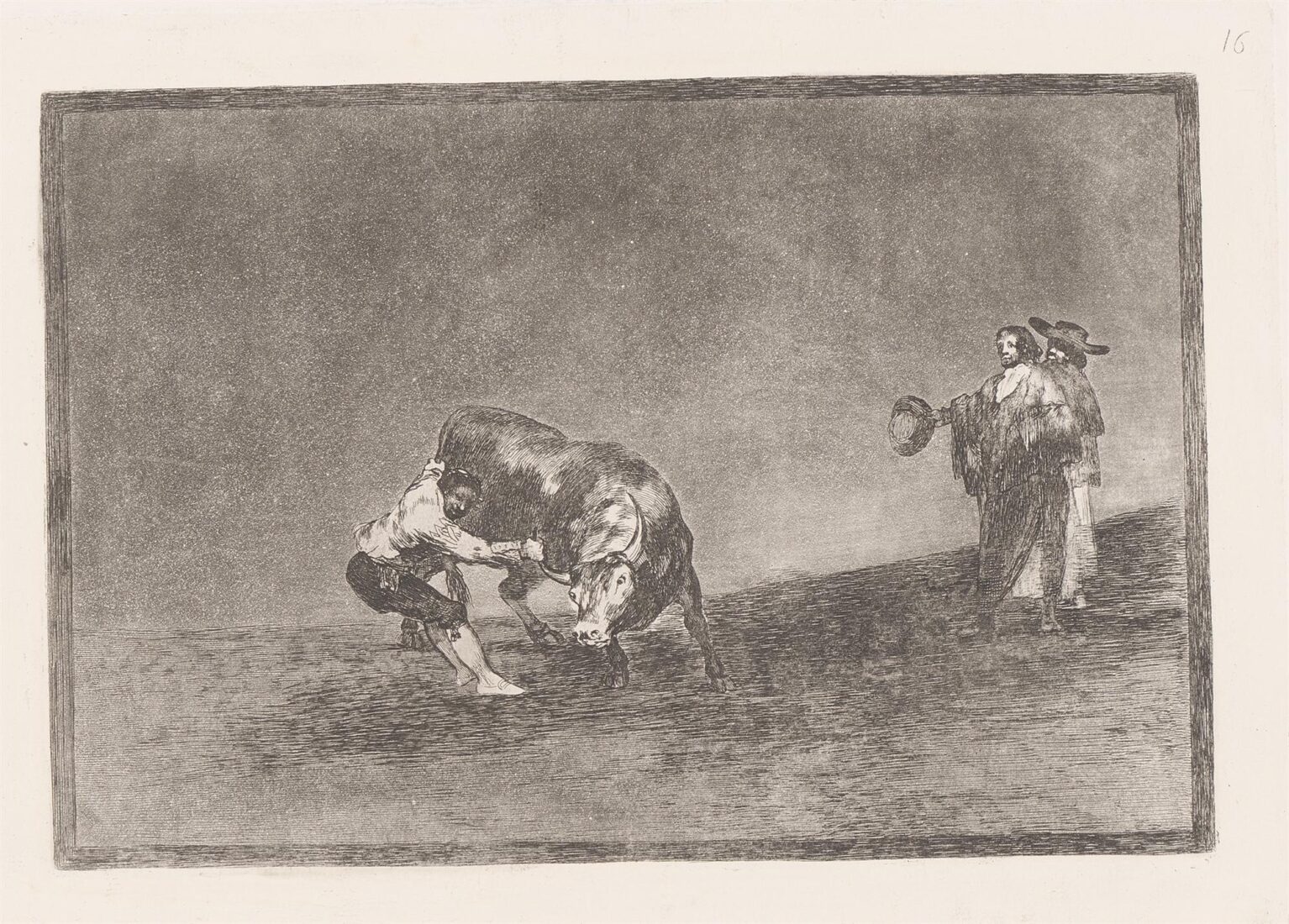The same man throws a bull in the ring at Madrid. (El mismo vuelca un toro en la plaza de Madrid) - Goya y Lucientes Francisco