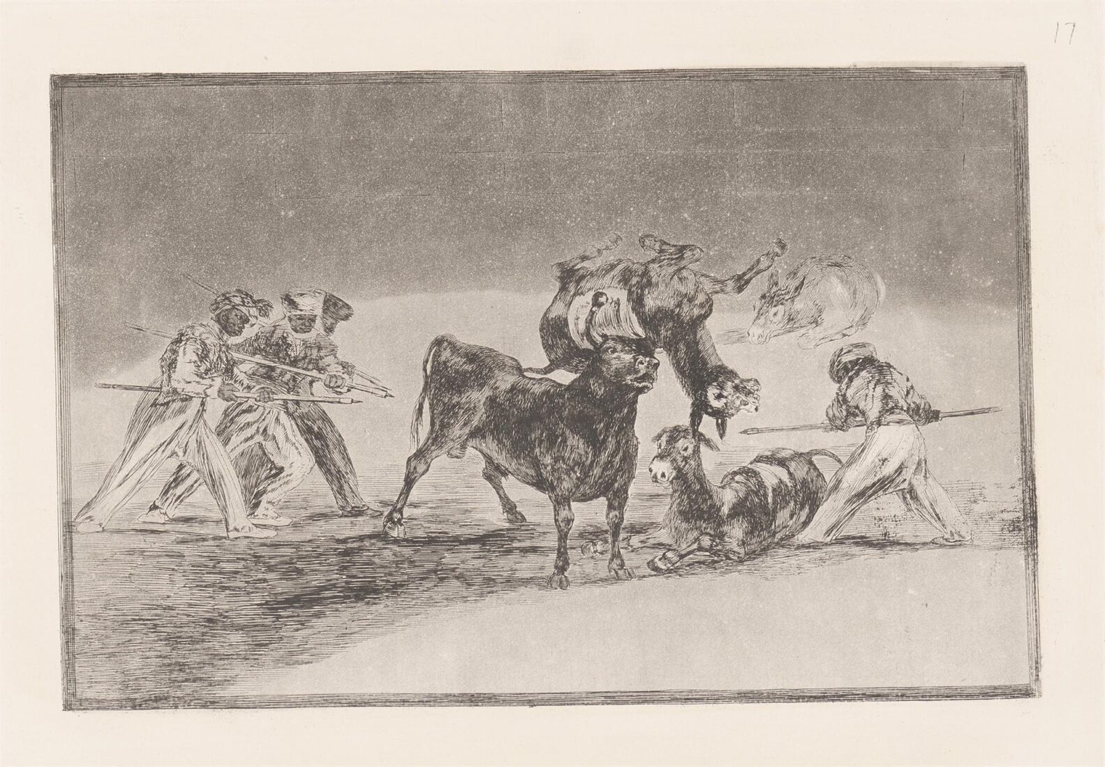 The Moors use donkeys as a barrier to defend themselves against the bull whose horns have been tipped with balls. (Palenque de los moros hecho con burros para defenderse del toro embolado) - Goya y Lucientes Francisco