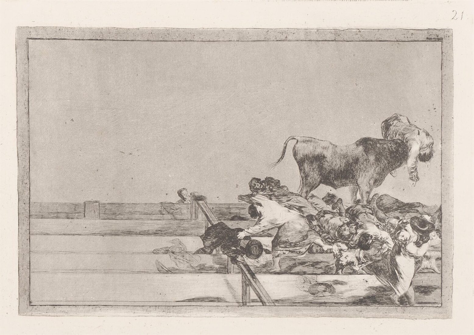 Dreadful events in the front rows of the ring at Madrid and death of the mayor of Torrejon. (Desgracias acaecidas en el tendido de la plaza de Madrid, y muerte del alcalde de Torrejon) - Goya y Lucientes Francisco