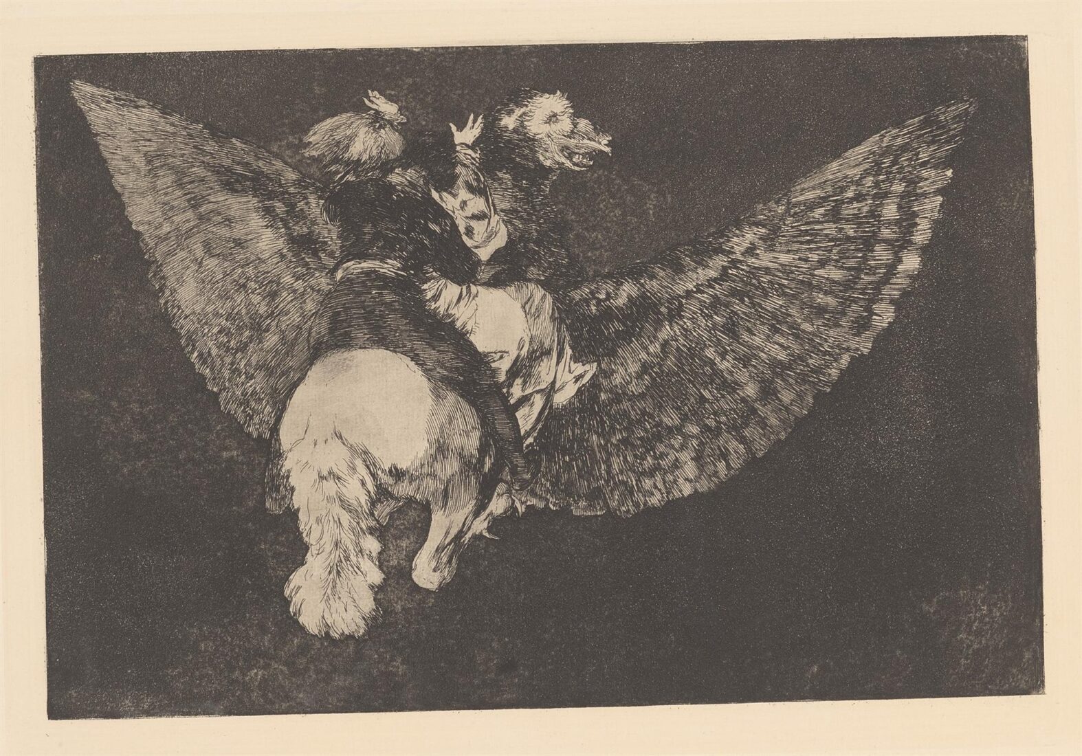 Flying folly [Renounce the friend who covers you with his wings and bites you with his beak]. Disparate volante Reniego al amico que cubre con alas y muerde con el pico] - Goya y Lucientes Francisco