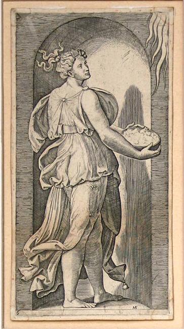 [“Mythological Divinities”, Series of 20 Plates] Mars, Copy after a Drawing by Rosso Fiorentino (9th Plate, B.32) - Raimondi Marcantonio