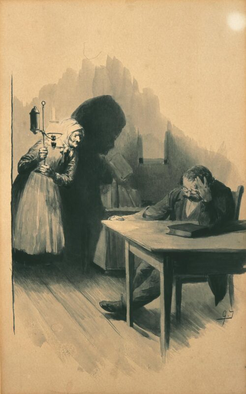 Ο κύριος Πλατέας κάθεται συλλογισμένος ενώ η γριά υπηρέτρια Φλουρού φέρνει τη λάμπα - Ιακωβίδης Γεώργιος