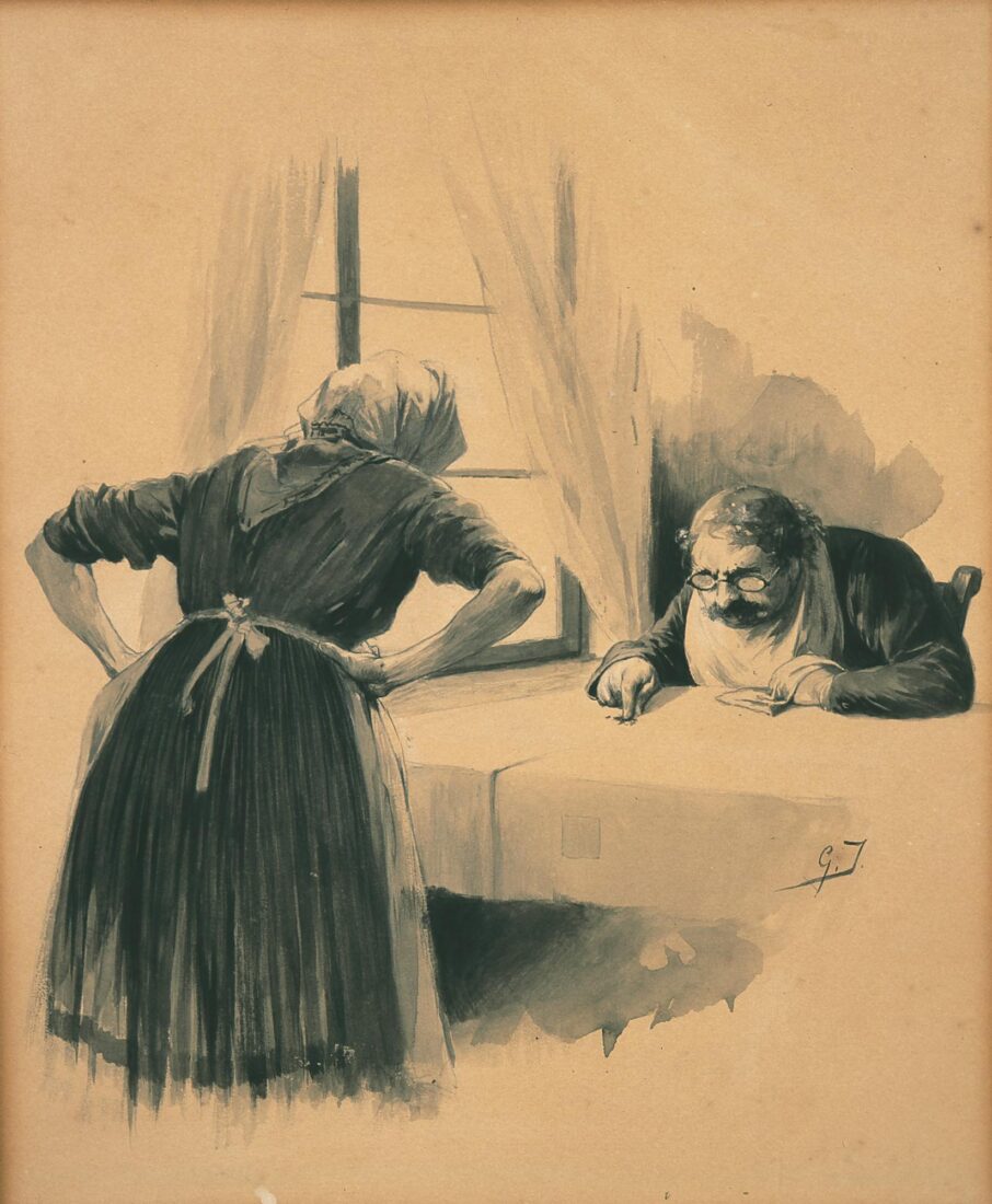 Ο κύριος Πλατέας δείχνει στη γριά υπηρέτρια Φλουρού την τρύπα στο ταπεζομάντιλο - Ιακωβίδης Γεώργιος