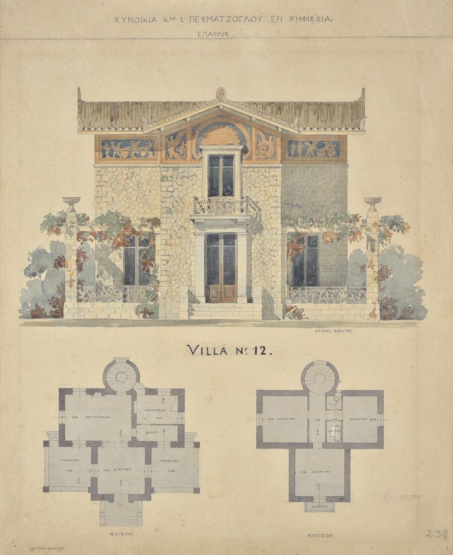 Villa in ‘Hellenic-Swiss’ Style in the I.Y. Pesmazoglou ‘Egyptian Quarter’, Kifisia. Main Facade,  Plans of the Ground Floor and 1st Floor [Villa Νο. 12] - Ziller Ernst