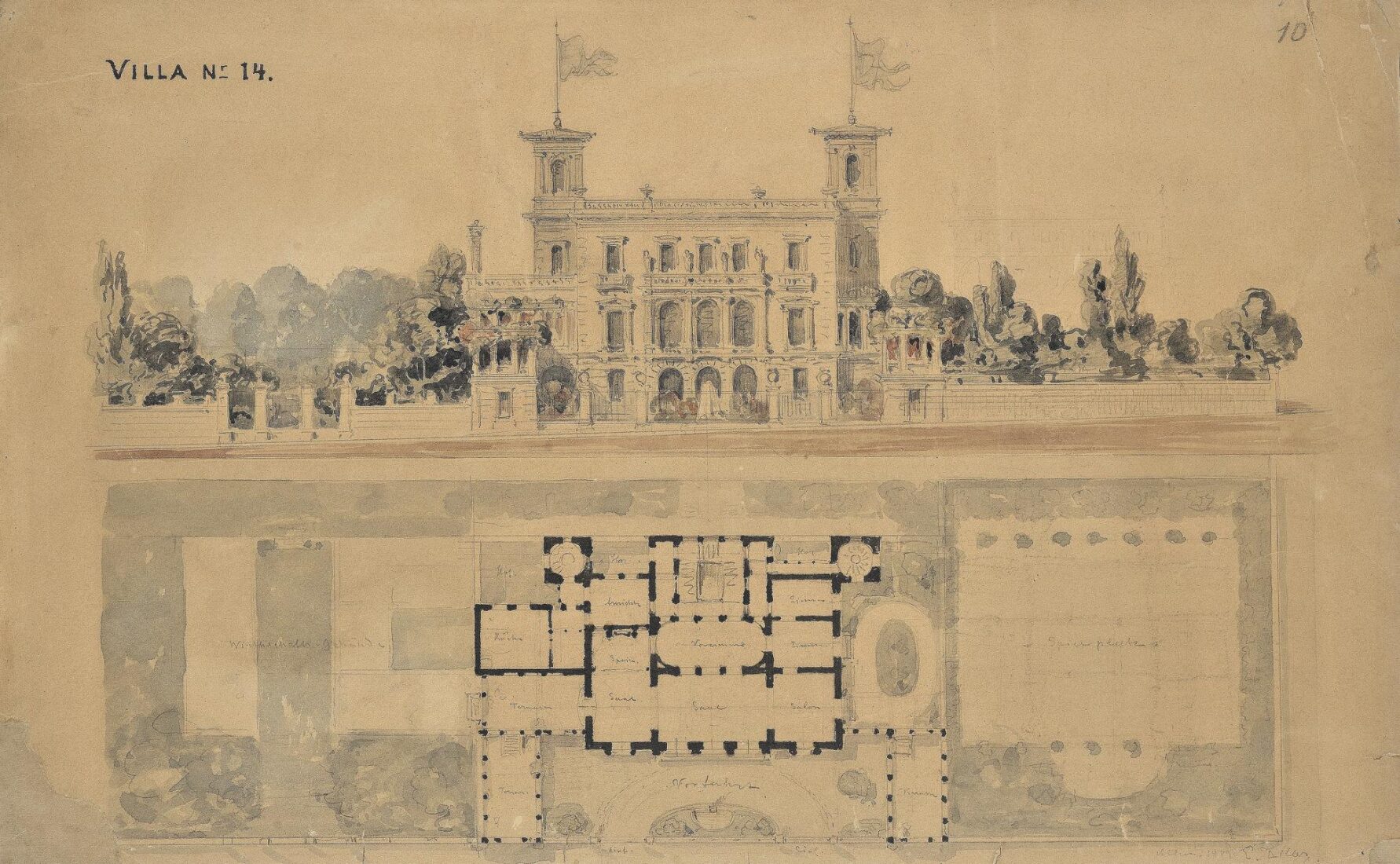 Mansion with two Towers (Project for a palace?), Main Facade, Floor Plan and Garden with Playground and Auxiliary Building
right: Spielplatz, left: Wirtschaftsgebaude, Vorfahrt
[Villa Νο. 14] - Ziller Ernst