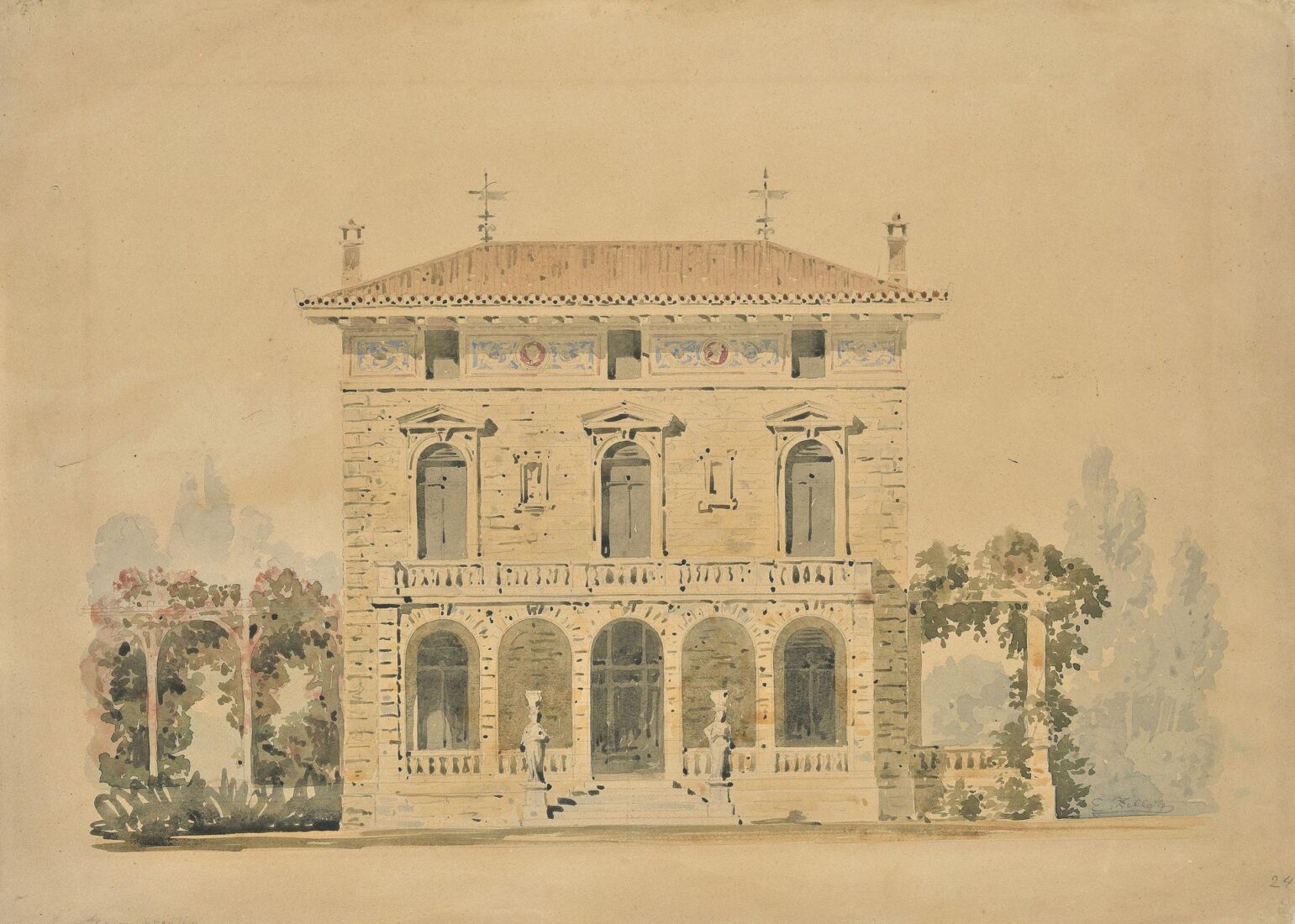 Villa of Unknown Owner with Balcony and Pergolas. Main Facade - Ziller Ernst