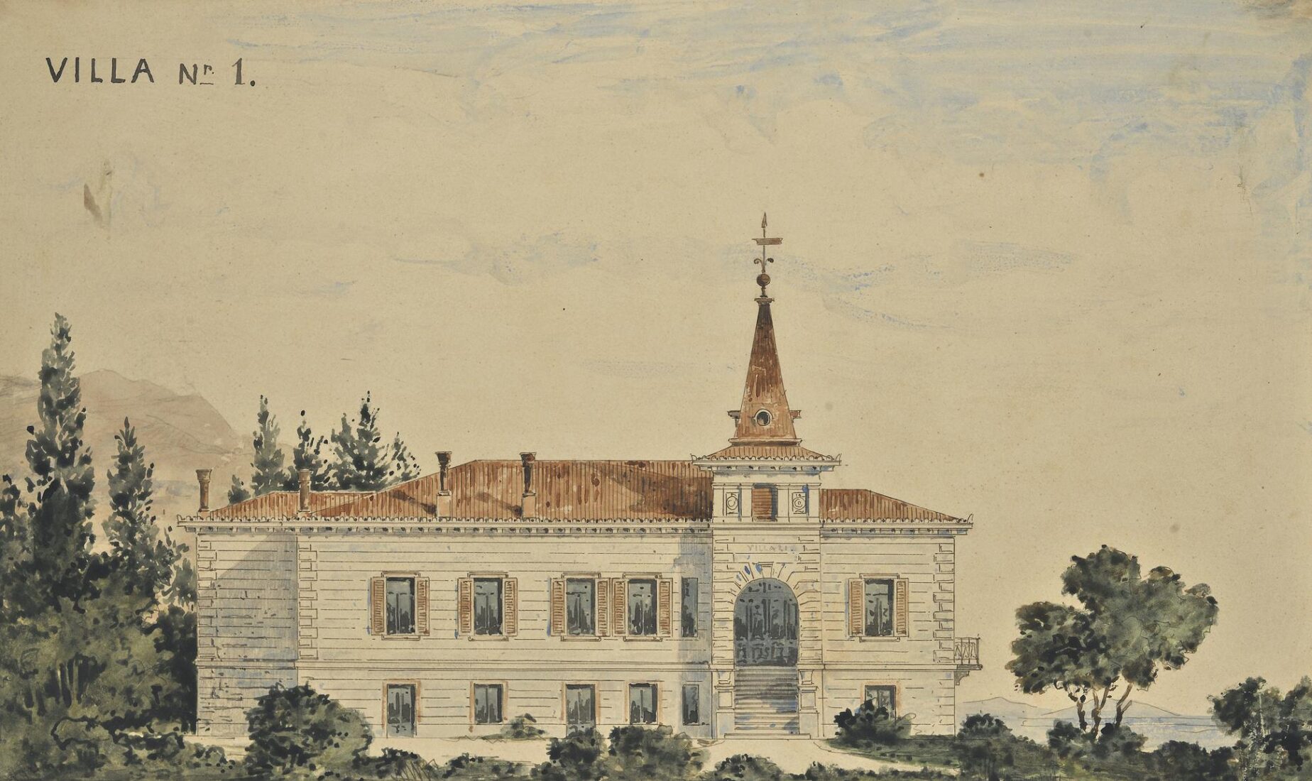G.M. Georgandas Villa, Kifissia, Main Facade with Pergola and Free Stairway [Villa No 1] - Ziller Ernst
