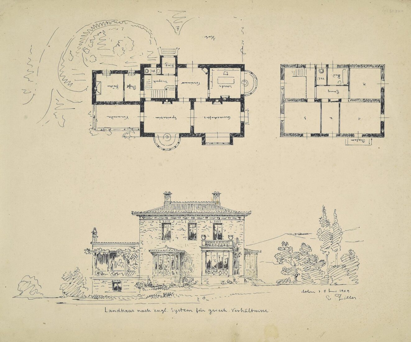 English Style Country House [Cottage] for Greek Standards for the Ziller District in “Kokkina Horafia” [Red Fields], Kifisia, Main Facade, Floor Plans - Ziller Ernst