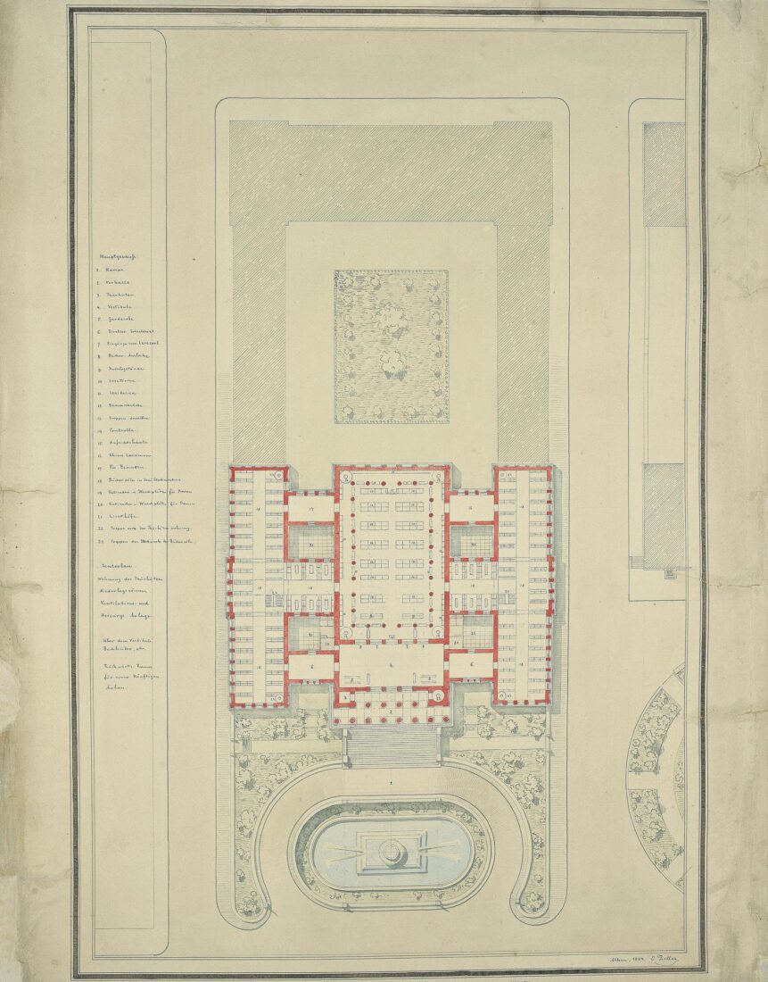 Vallianios [National] Library as Proposed by Ziller.[2nd Version, not implemented]. Plan with Indication for Future Extension to the NE and Unifying the Bookcases - Ziller Ernst