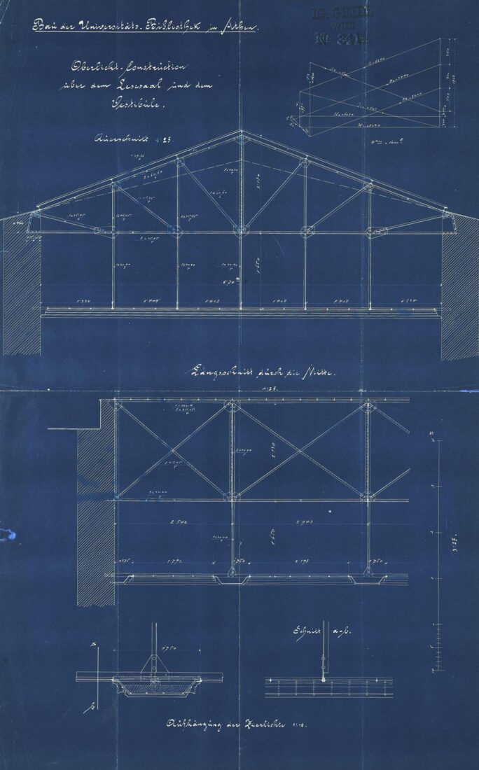 Βαλλιάνειος [Εθνική] Βιβλιοθήκη-κατά πρόταση Τσίλλερ. Κατασκευαστικά σχέδια φεγγίτη οροφής του αναγνωστηρίου και του προθαλάμου, εγκάρσια τομή, ανάρτηση των διακοσμητικών φωτιστικών σωμάτων - Ziller Ernst