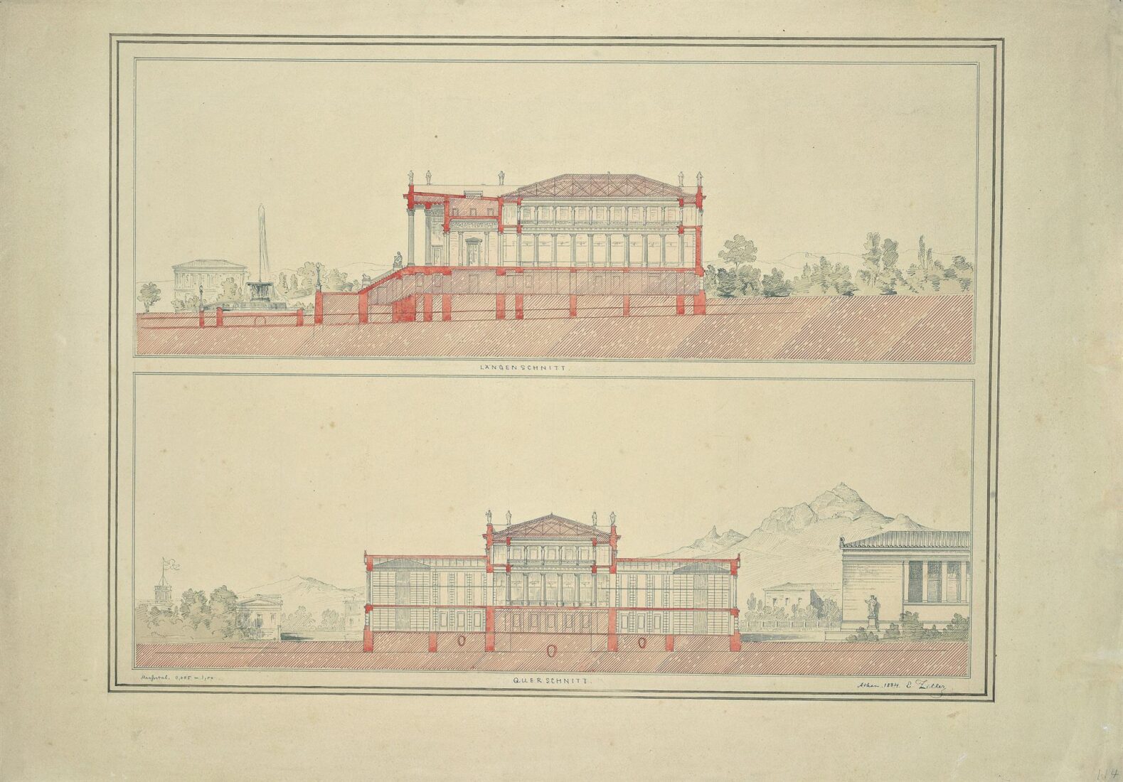 Vallianios [National] Library as Proposed by Ziller [2nd Version, Not Implemented]. Longitudinal and Cross Sections - Ziller Ernst