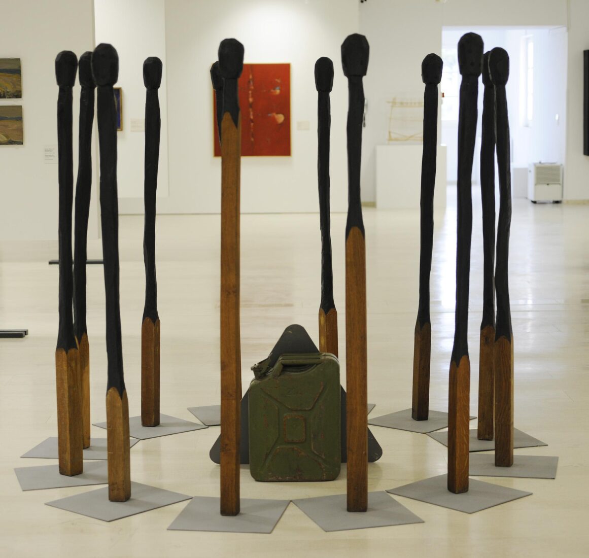 Installation with 12 Matches, a Signpost and a Container - Paralis Nikos
