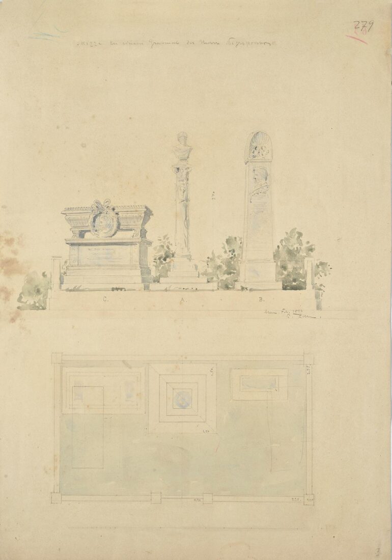Funerary Monument of the Banker’s Negropontis Family in the First Cemetery of Athens. Main Facade and Plan, Free-Hand Drawing - Ziller Ernst