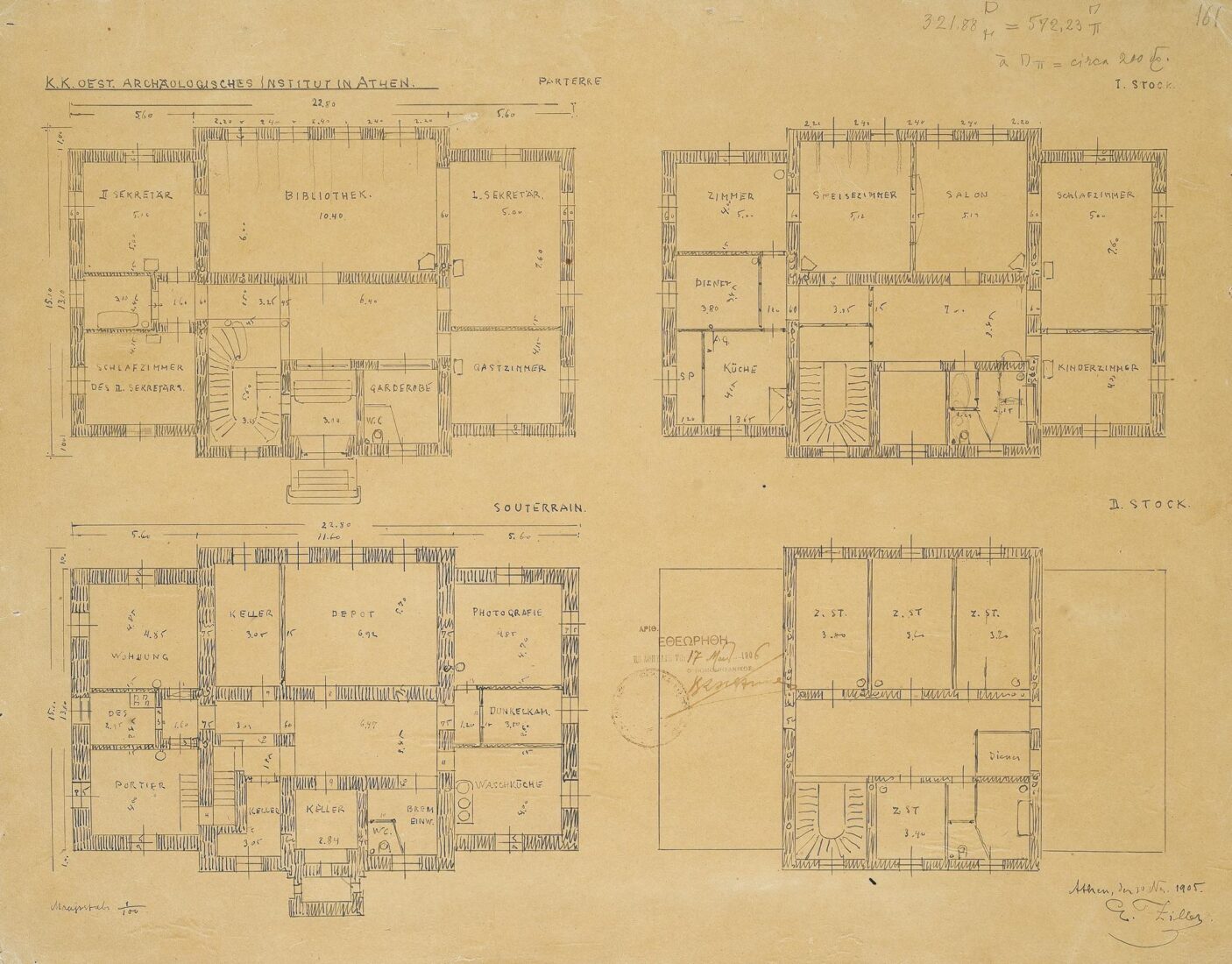 Austrian Archaeological Institute, Plans for the Ground Floor, Basement, 1st and 2nd Floors - Ziller Ernst