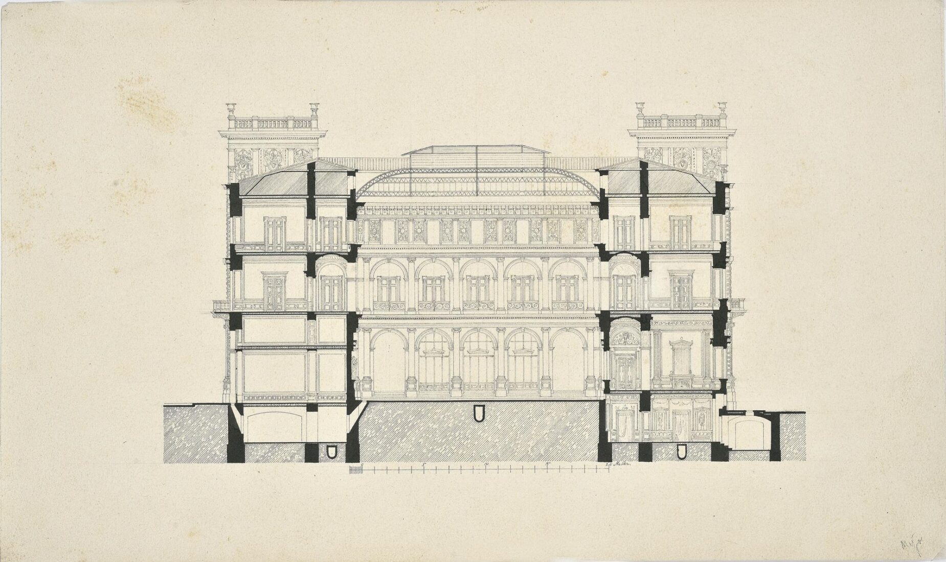 Vassileios Melas Estate, former Athens Central Post Office, Kotzia Square
Section, Remodeling Plan, Addition of the Skylight - Ziller Ernst