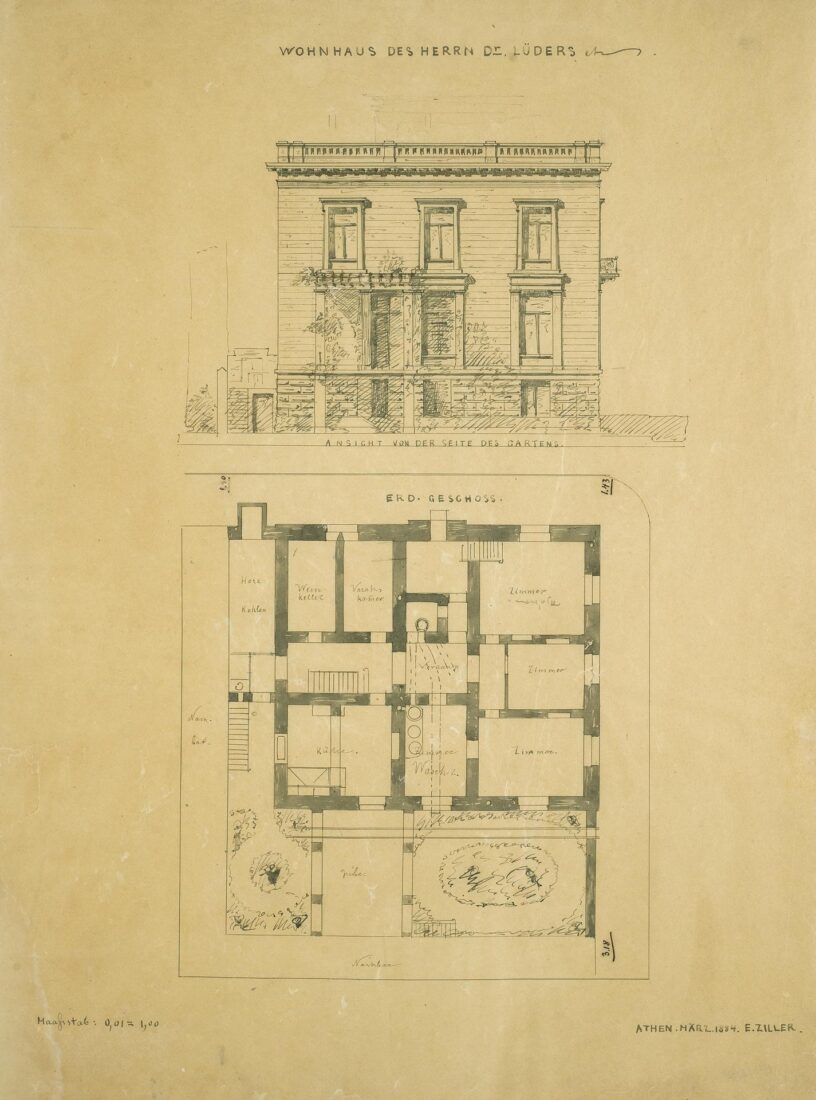 Luders House, Solonos & Angchesmou Streets (Voukourestiou), Facade Overlooking the Garden, Ground Floor Plan - Ziller Ernst