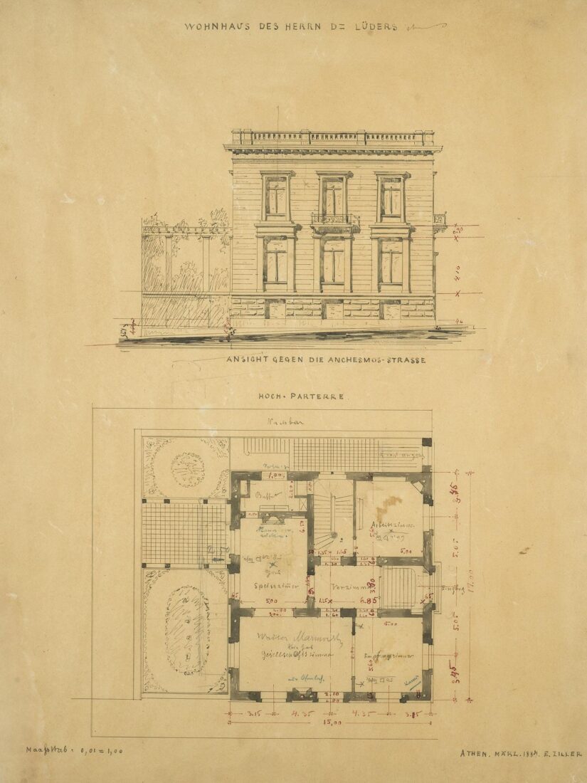 Luders House, Solonos & Angchesmou Streets (Voukourestiou), Facade overlooking  Agchesmou Street, Plan of Raised Ground Floor - Ziller Ernst