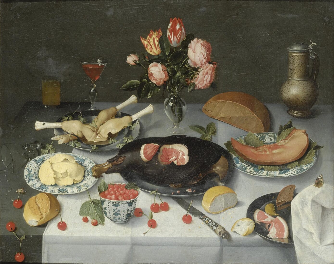 Still Life with Leg of Ham, Flowers, Wine and Bread - Hulsdonck Jacob van, immitator