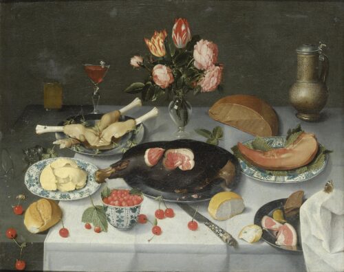 Νεκρή φύση με χοιρομέρι, λουλούδια, κρασί και ψωμί - Hulsdonck Jacob van, μιμητής