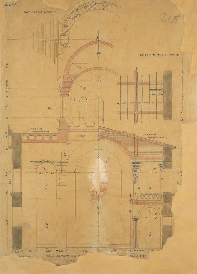 Άγιος Αθανάσιος, Πύργος. Εγκάρσιες τομές, κατασκευαστικές λεπτομέρειες στεγών με απεικόνιση του συστήματος μεταλλικών ελκυστήρων - Ziller Ernst