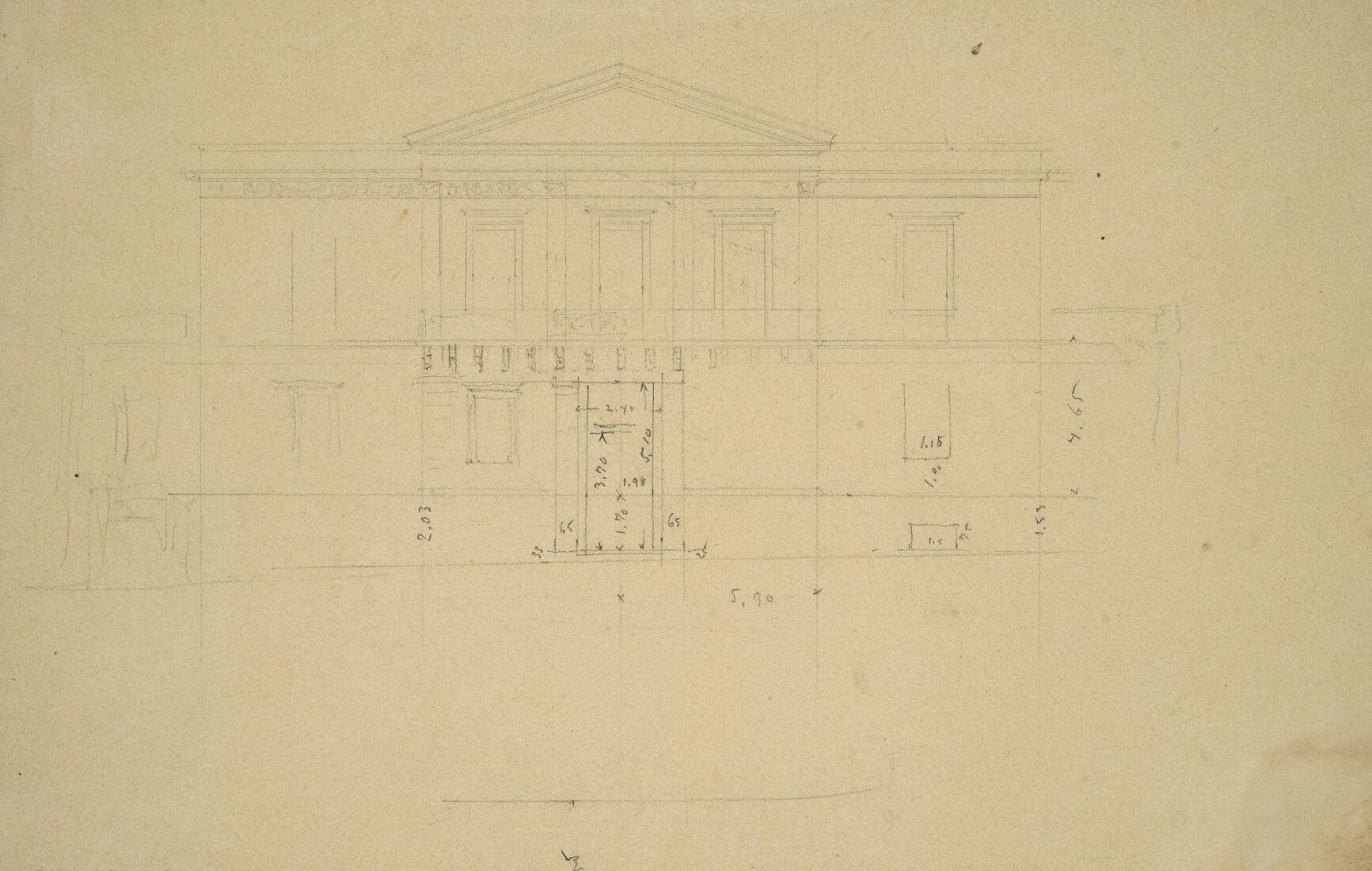 Amvrosios Rallis’ s Mansion in Klafthmonos Square [demolished in 1938]. Rendering of Architect Stamatis Kleanthis’s Building (1836 or 1837)
for the Addition of an Interior Staircase - Ziller Ernst