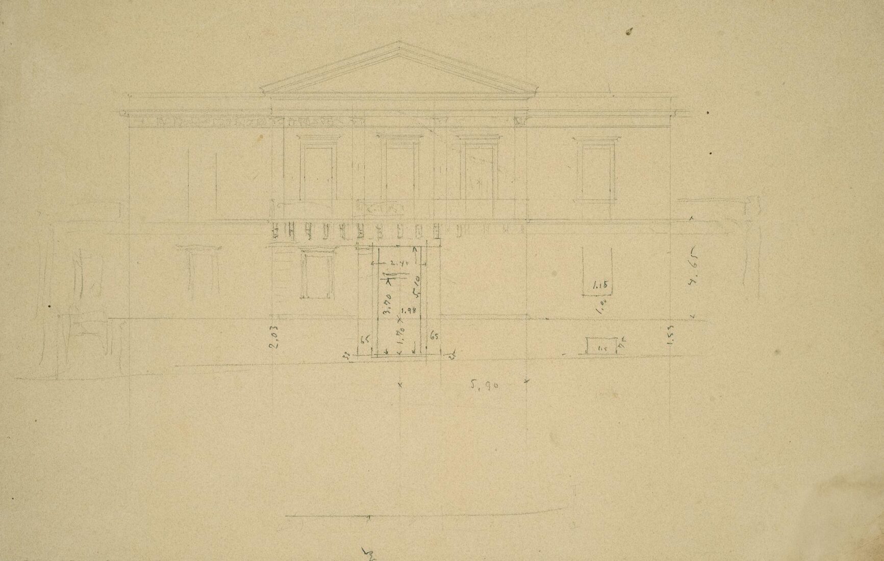 Amvrosios Rallis’ s Mansion in Klafthmonos Square [demolished in 1938]. Rendering of Architect Stamatis Kleanthis’s Building (1836 or 1837)
for the Addition of an Interior Staircase - Ziller Ernst
