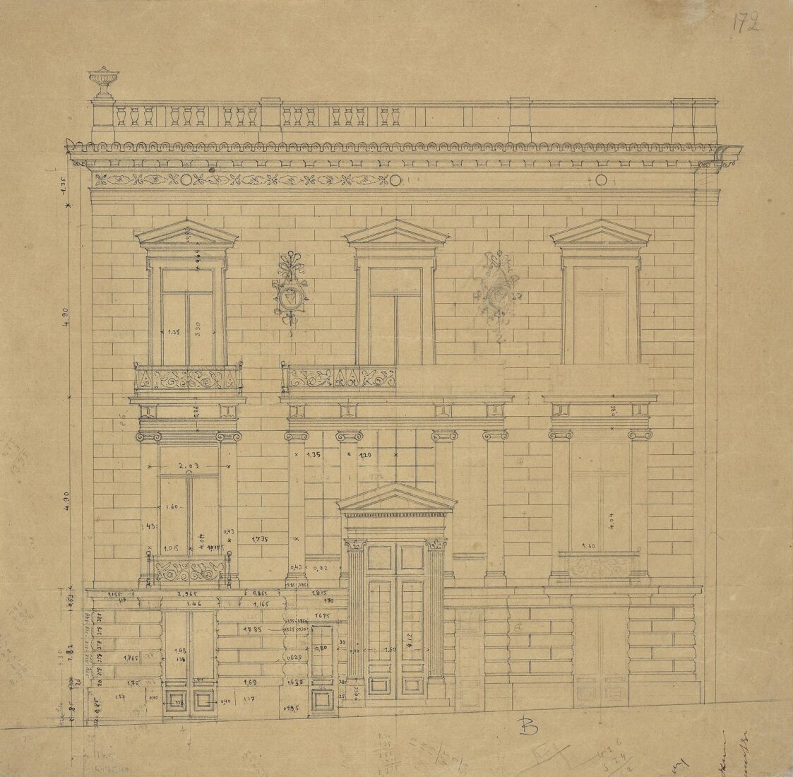 Th. Efthimiou House, 14 Panepistimiou Street. Plan for Masonry of the Main Facade - Ziller Ernst