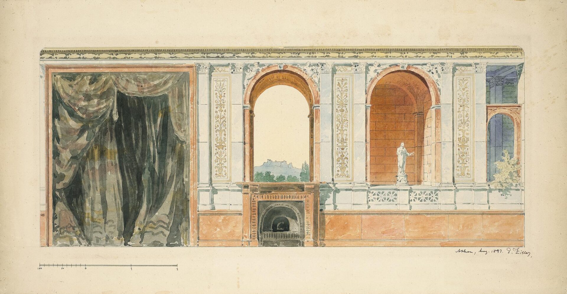 Decoration for Interior Wall with Fireplace, Alcove, Overlooking the Acropolis, Probably for the Prince’s Residence on Herodes Atticus Street - Ziller Ernst