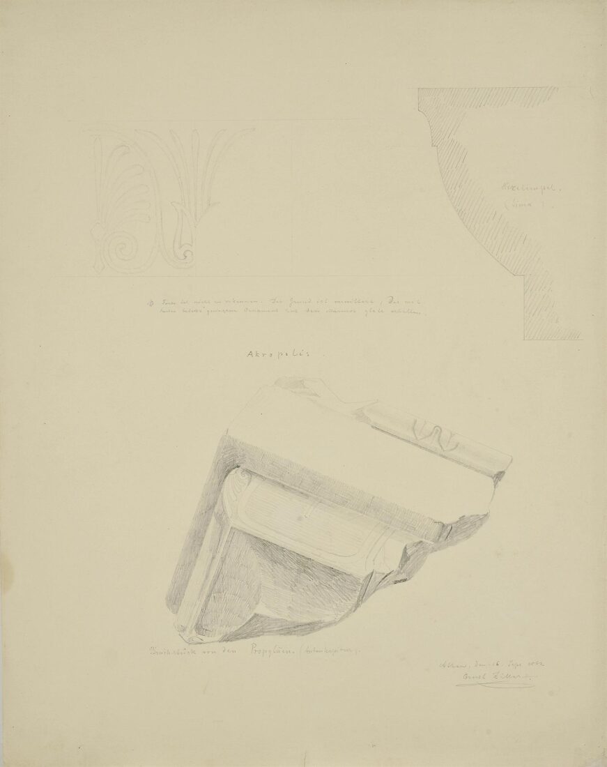 Sima of the Nike Temple (top) and a Fragment of a Capital from the Propylon of the Propylaea (below) - Ziller Ernst