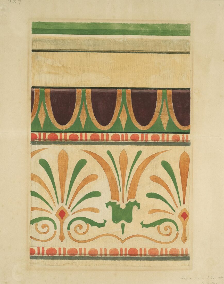 Polychromy Study of the Entablature of the Acropolis with Palmettes and Lotus Motifs, Crowned by Taenia with Eggs - Ziller Ernst