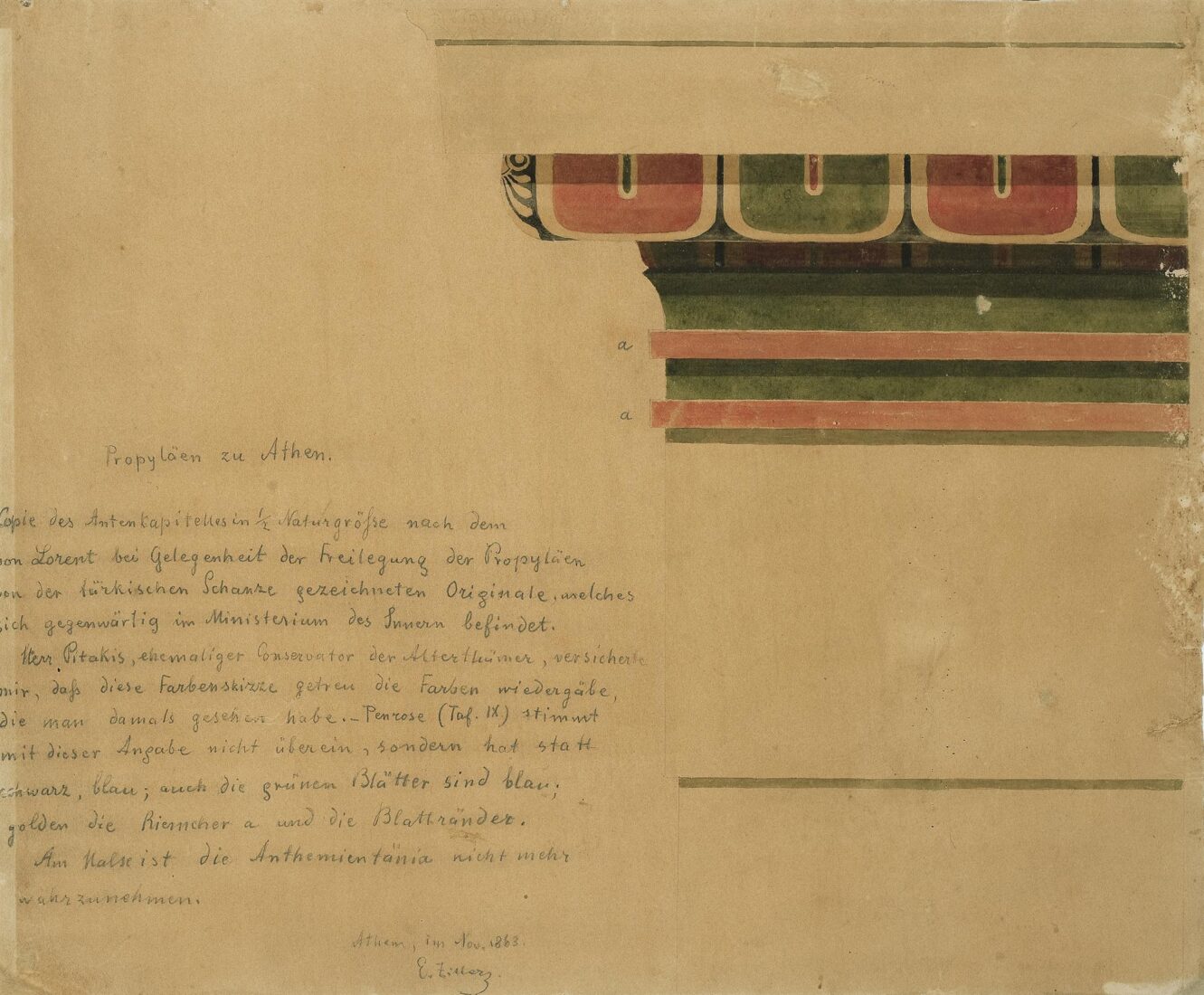 Acropolis. Polychromy Study of a Pilaster-Capital of the Interior of the Pinakotheke in the Propylaea at Half of Full Scale - Ziller Ernst
