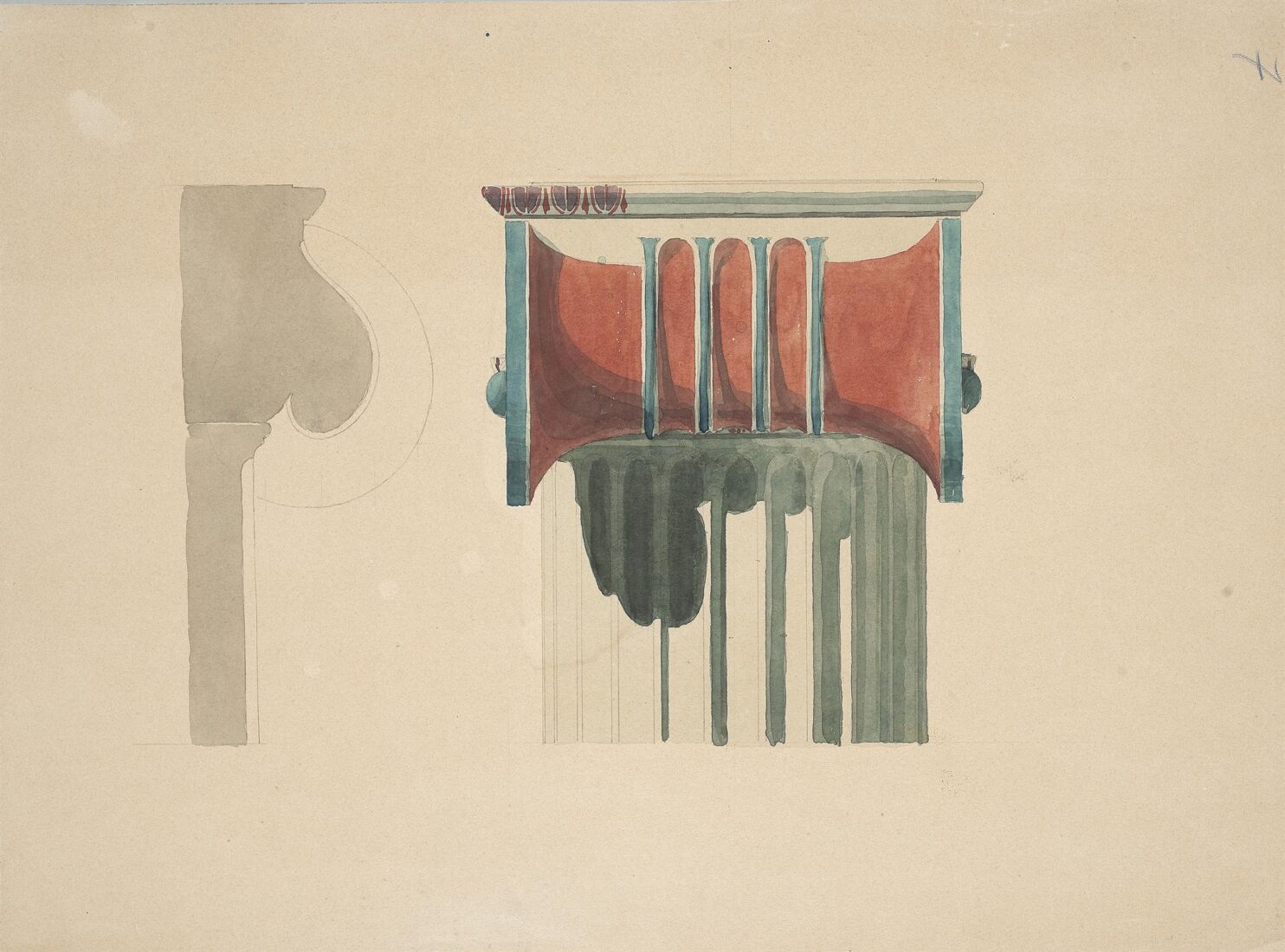 Acropolis. Imaginary Polychromy Study of an Ionic Capital of the Athena-Nike Temple. Elevation and Section - Ziller Ernst
