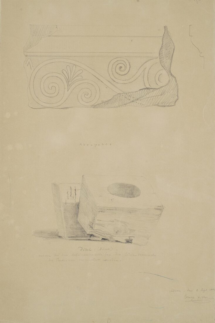 Acropolis. Fragment of an Ionic Capital (top) Wooden Dowel for the Application of the Column Drums of the Parthenon (below) - Ziller Ernst