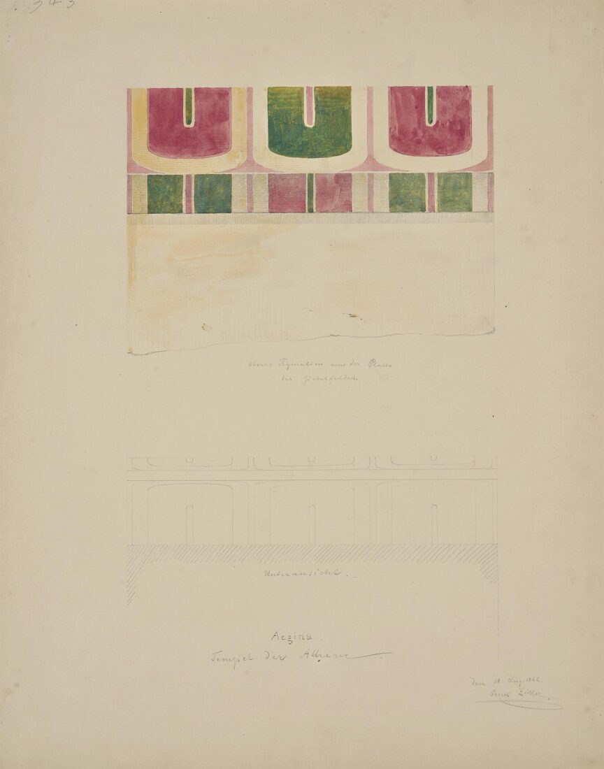 Aegina. Aphaea Temple, Polychromy Study of Upper Cymation of the Cornice of the Pediment and Bottom View - Ziller Ernst