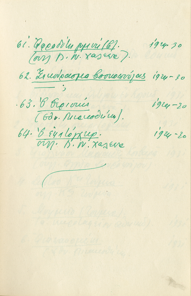 Χειρόγραφος κατάλογος έργων του Γιαννούλη Χαλεπά από τον Στρατή Δούκα 1954
