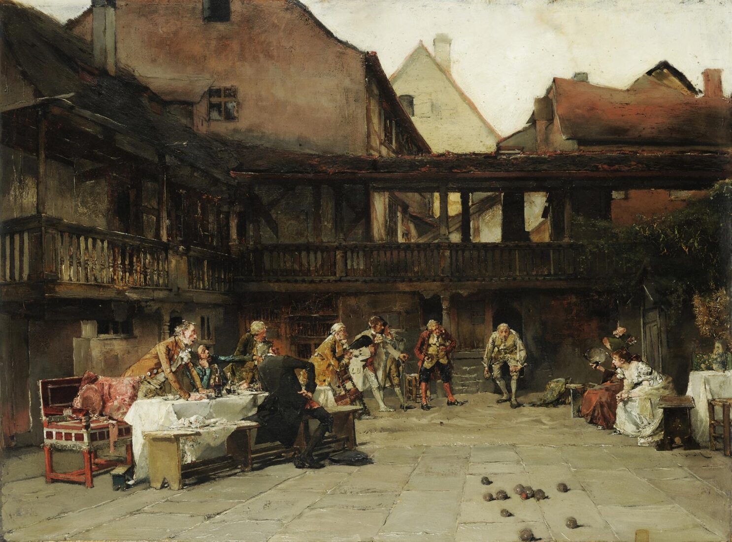 A Game of Bowls in an Inn Courtyard - German school