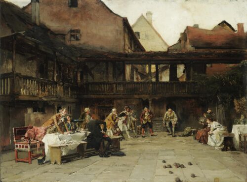 A Game of Bowls in an Inn Courtyard