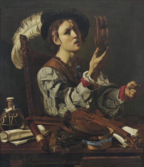 Young Musician in a Workshop of Musical Instruments or Allegory of the Five Senses - Cecco del Caravaggio (Boneri ή Buoneri Francesco)